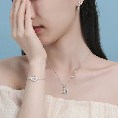 Silver Moon & Star Cat Earrings With Zircon