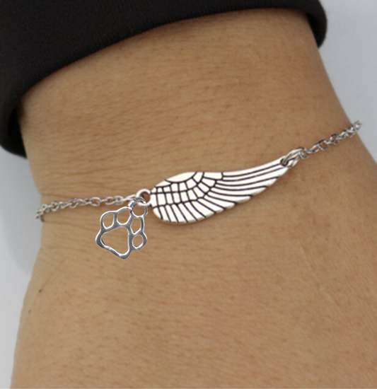 Silver Memorial Bracelet with Angel Wing & Paw Print