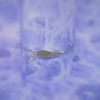 Silver Memorial Bracelet with Angel Wing & Paw Print