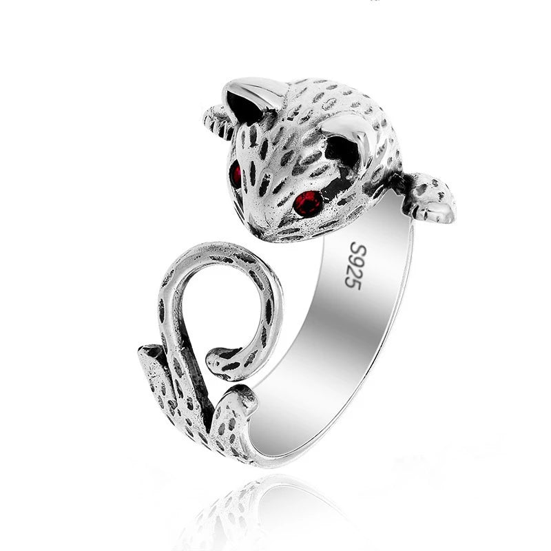 Adjustable Hand-Painted Cat Ring in 925 Sterling Silver