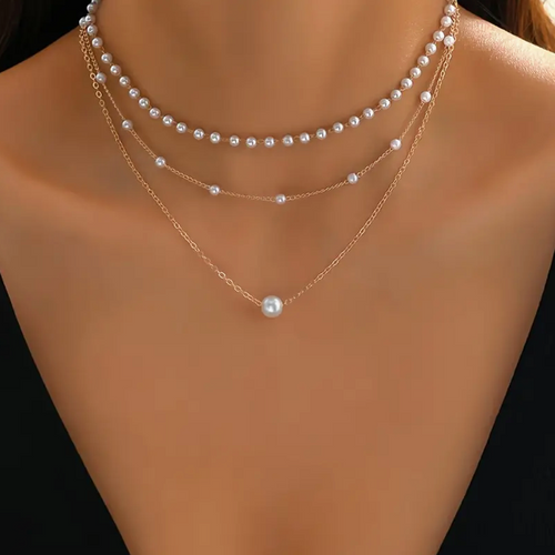 Triple Layered Gold Pearl Necklace
