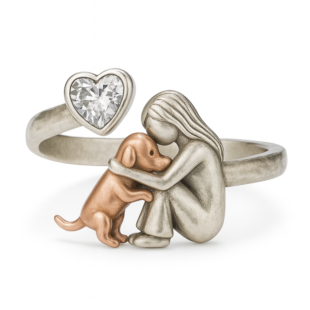 Silver Dog Adjustable Ring with Heart-Shaped Zirconia