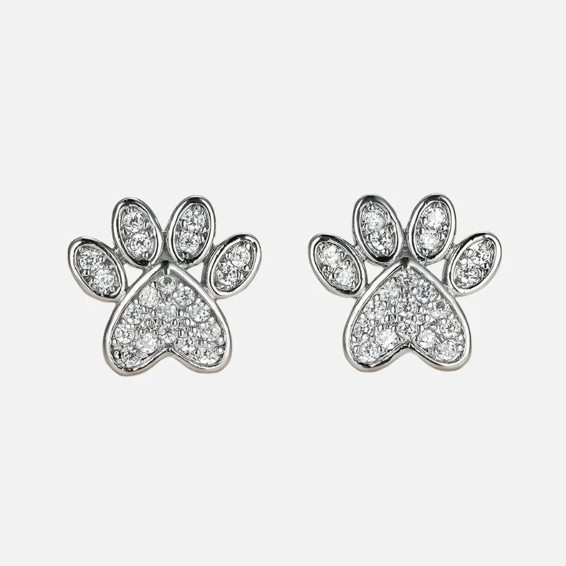 White Zirconia Paw Heart-Shaped Earrings