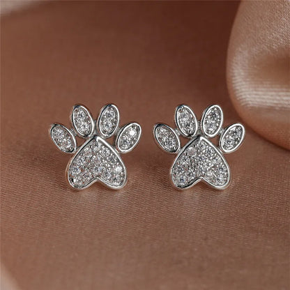 White Zirconia Paw Heart-Shaped Earrings
