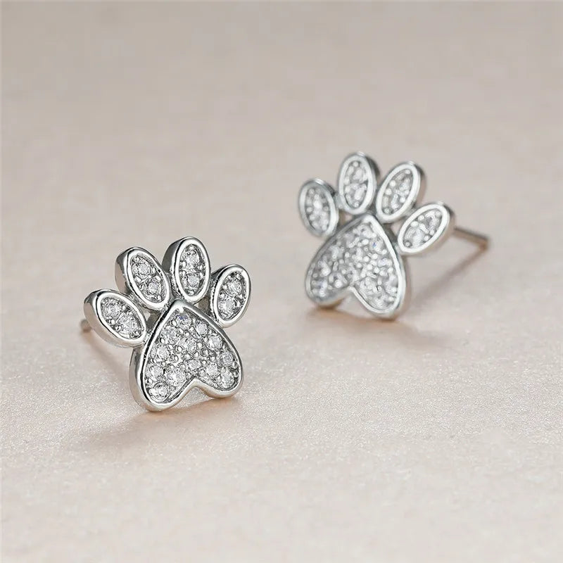 White Zirconia Paw Heart-Shaped Earrings
