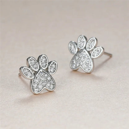 White Zirconia Paw Heart-Shaped Earrings