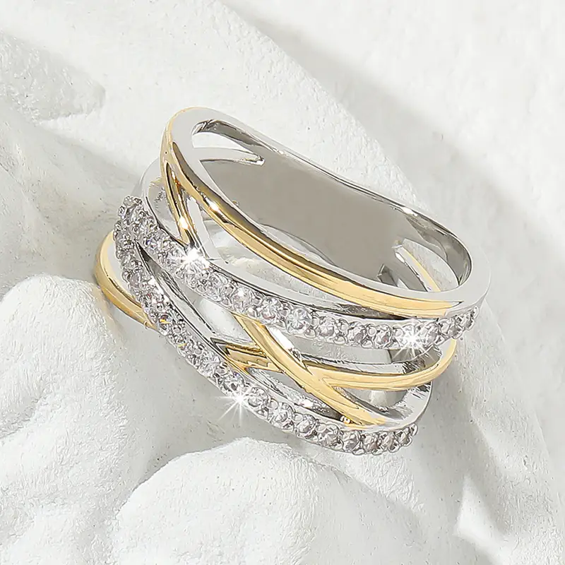 Layered Gold and Silver Ring with Sparkling Zirconia