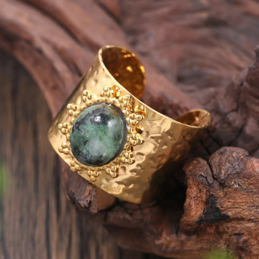 Emerald Elegance Wide Gold Ring