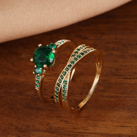 Unique Emerald Crystal Ring Set