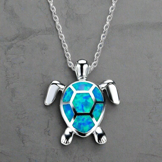 Silver Necklace with Blue Opal Turtle Charm