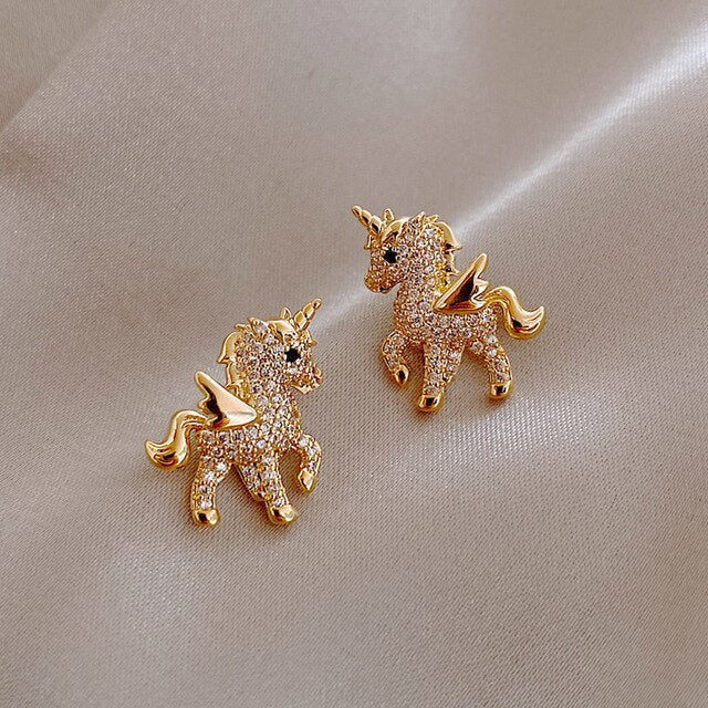 Gold Unicorn Earrings with Sparkling Zirconia