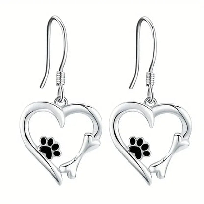 Silver Drop Earrings with Heart & Paw Design