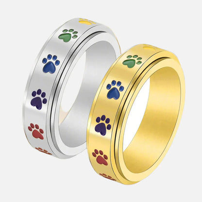 Spinning Stress Reducing Paw Ring – Stainless Steel with Rainbow Paws