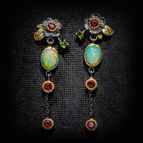 Boho Opal and Red Zirconia Earrings