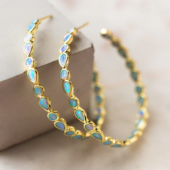 Vintage Opal Gold Hoop Earrings