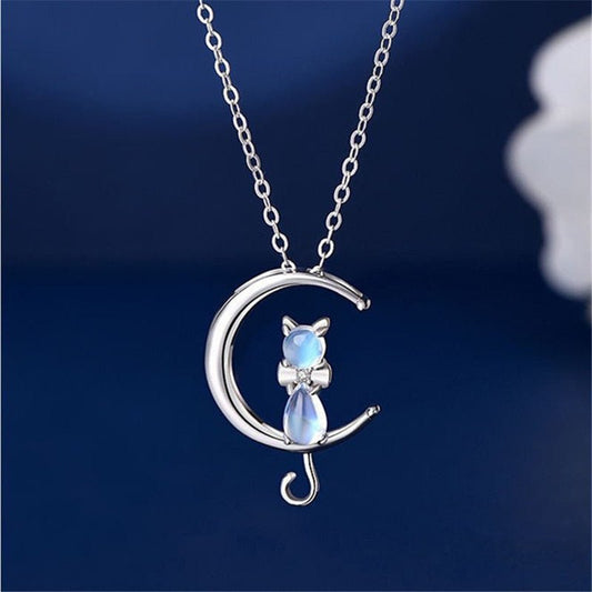 Moonstone crescent and cat necklace
