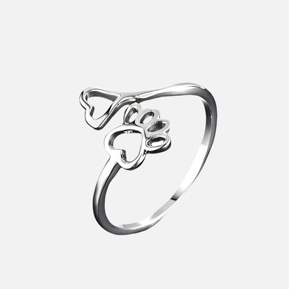 Adjustable Paw & Heart Silver Ring