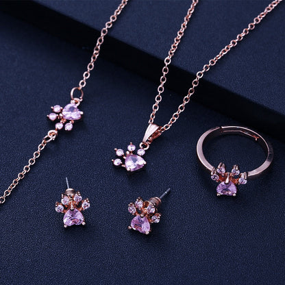 Rose Gold Paw Jewelry Set 4 Pieces with Zirconia Heart
